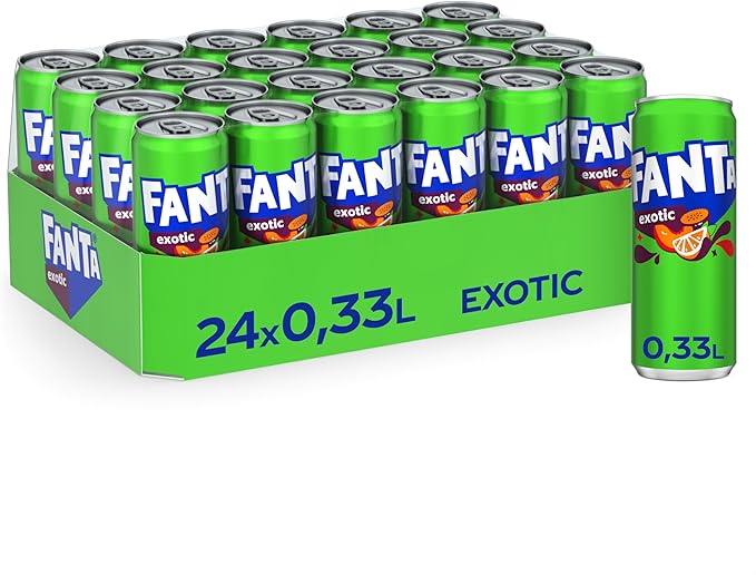 "Fanta Exotic 330ml sleek can tropical fruit flavored soft drink with passionfruit, peach, and orange